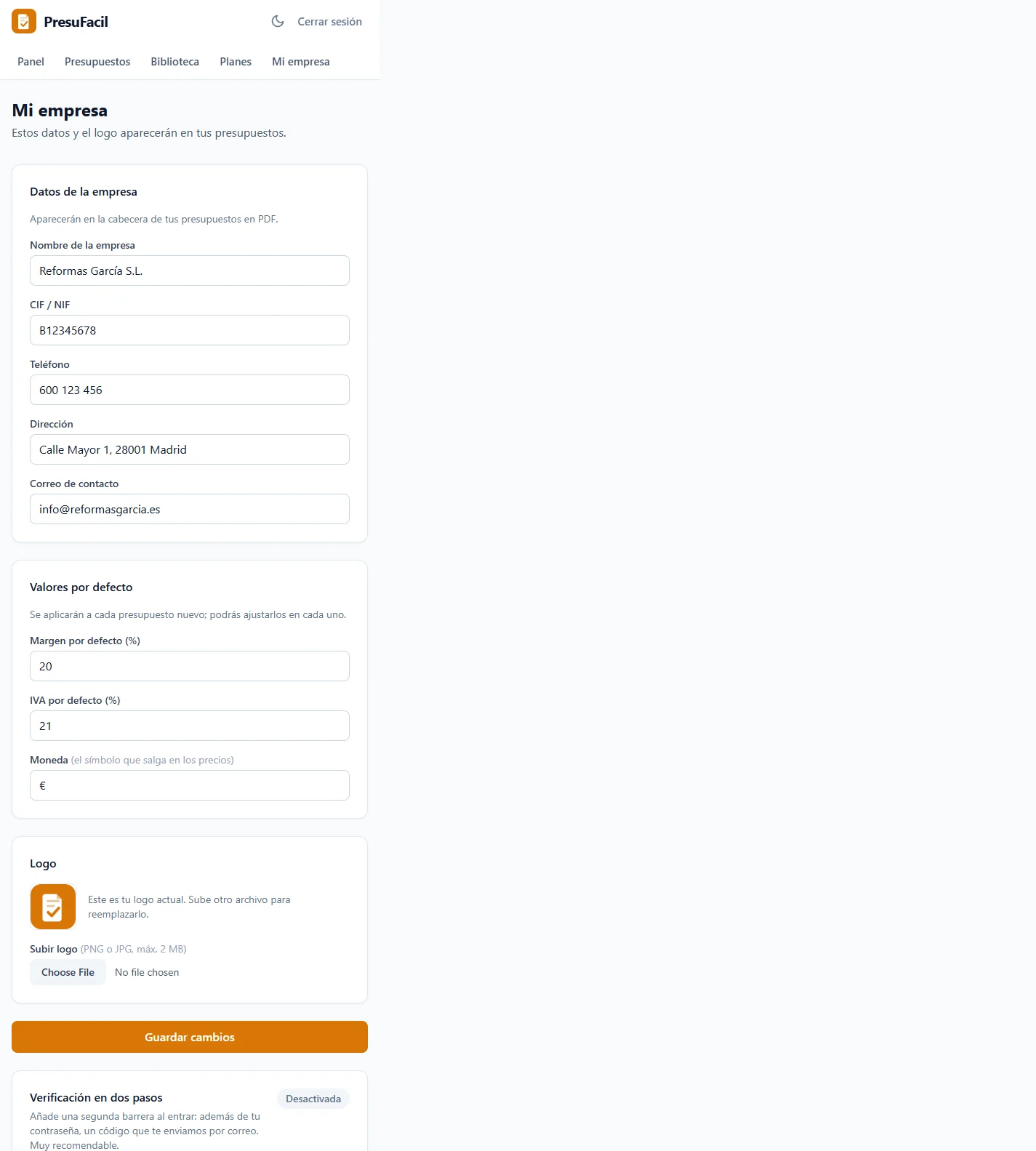 Configuración de la empresa