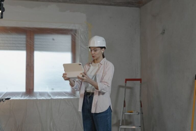 Profesional de reformas revisando un presupuesto en la tablet dentro de una vivienda en obra